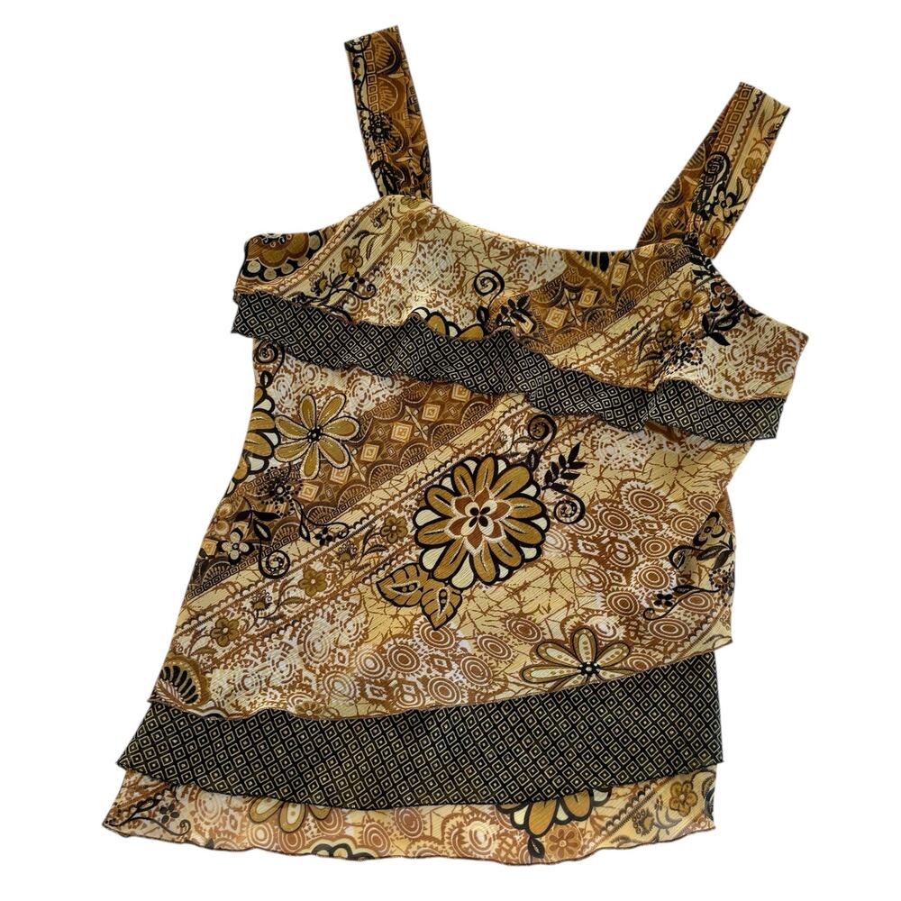 Dressbarn Y2K Fairy Brown Glitter Floral Tiered Ruffle Camisole Tank Top Large